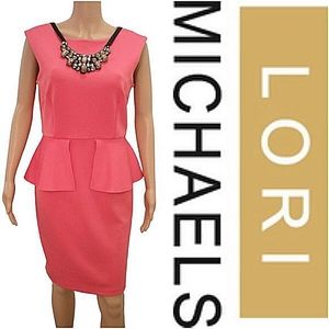 Lori Michaels Ponte Knit Peplum Cocktail Dress w/Bib Necklace NEW -Sz. Med